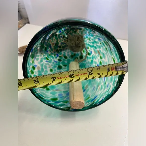 Handcrafted Handblown Glass Wind Chime with Rope and Hook Blue Green Goldtone - Picture 3 of 4